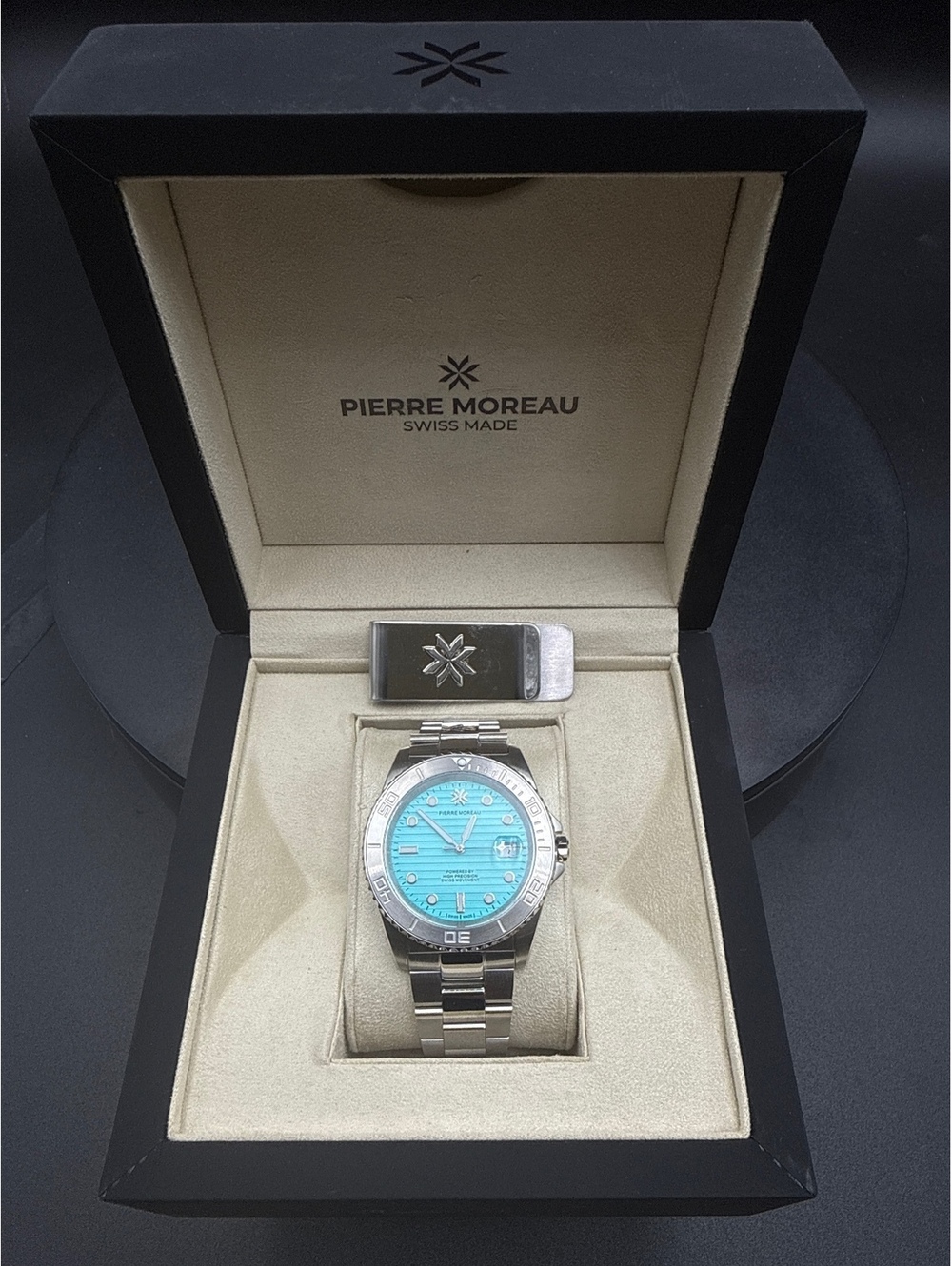 Pierre Moreau Swiss Made Stainless Steel Watch with Turquoise Dial
